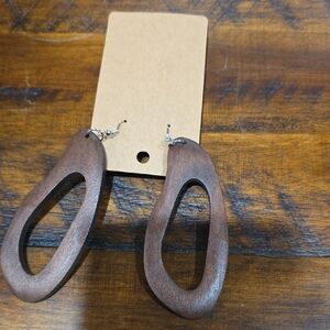 Wooden Open Teardrop Dangle Earrings - Brown